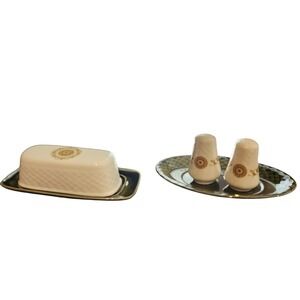 Enoch Wedgwood Tunstall Gold Medallion Butter Dish Salt Pepper Set England‎